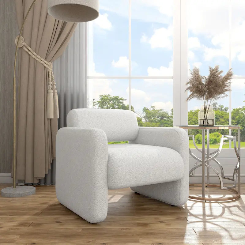 Sillón moderno de tela boucle con brazos, sillón individual tapizado