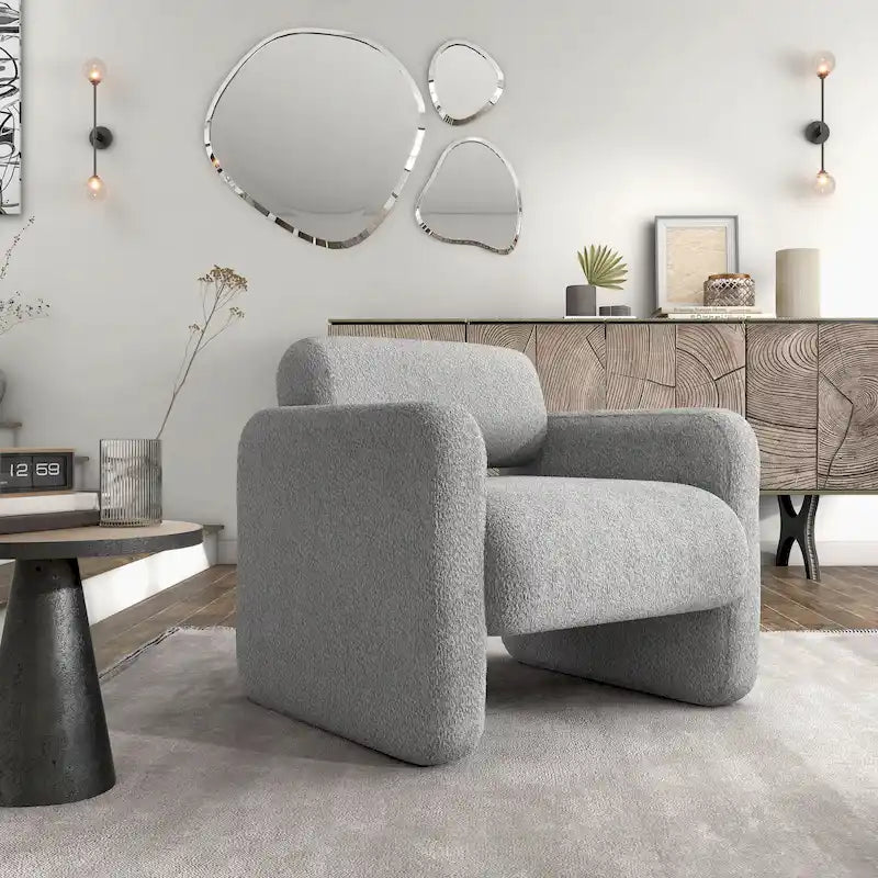 Sillón moderno de tela boucle con brazos, sillón individual tapizado