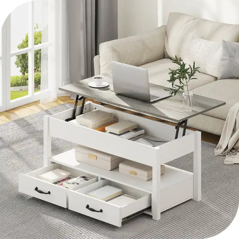 Mesa de centro elevable de madera con estante de almacenamiento y cajones