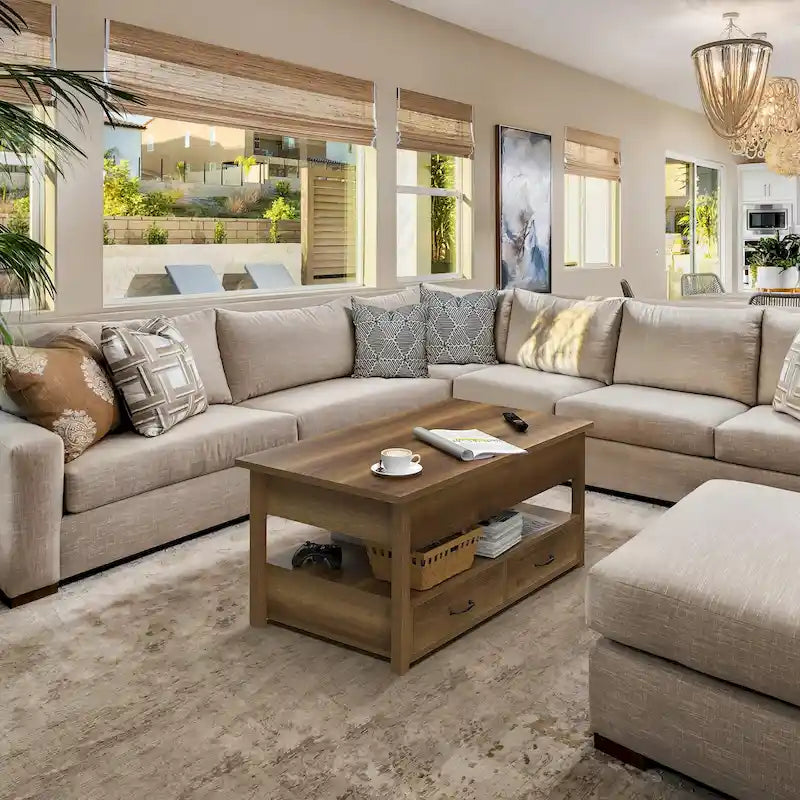 Mesa de centro elevable de madera con estante de almacenamiento y cajones