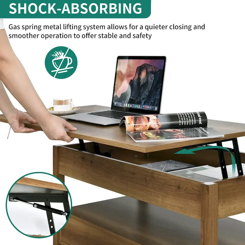 Mesa de centro elevable de madera con estante de almacenamiento y cajones