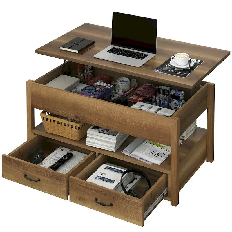Mesa de centro elevable de madera con estante de almacenamiento y cajones