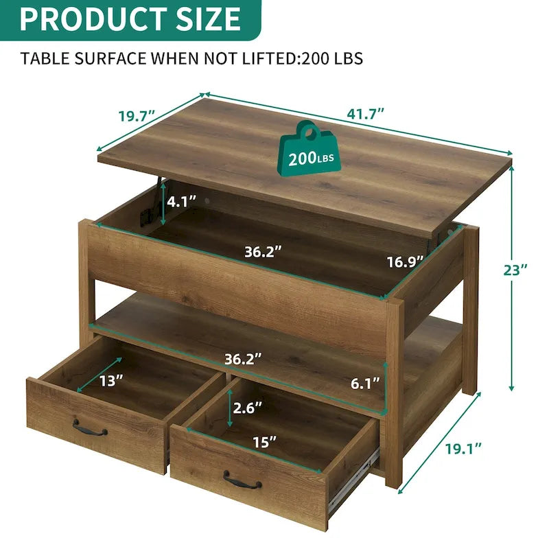 Mesa de centro elevable de madera con estante de almacenamiento y cajones