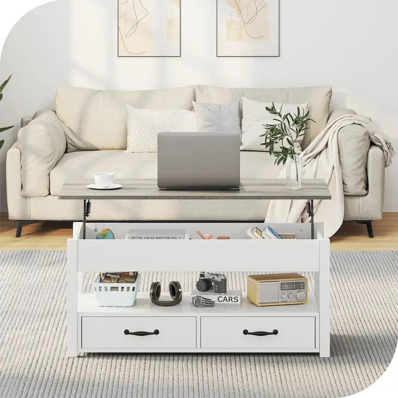 Mesa de centro elevable de madera con estante de almacenamiento y cajones