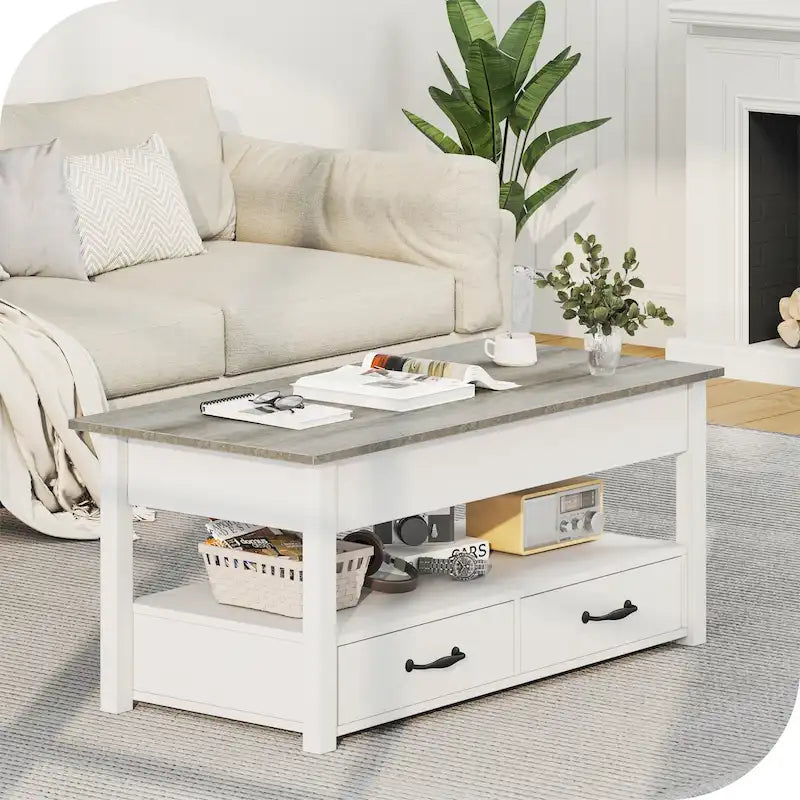 Mesa de centro elevable de madera con estante de almacenamiento y cajones