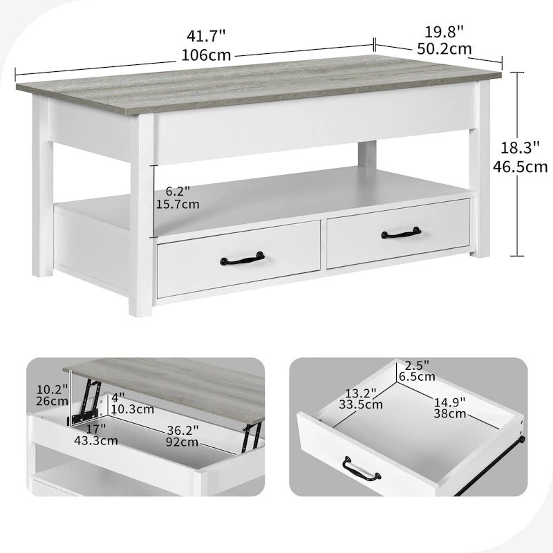 Mesa de centro elevable de madera con estante de almacenamiento y cajones