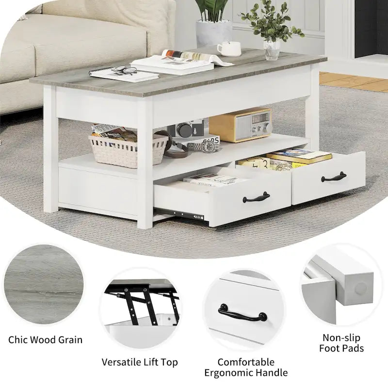 Mesa de centro elevable de madera con estante de almacenamiento y cajones