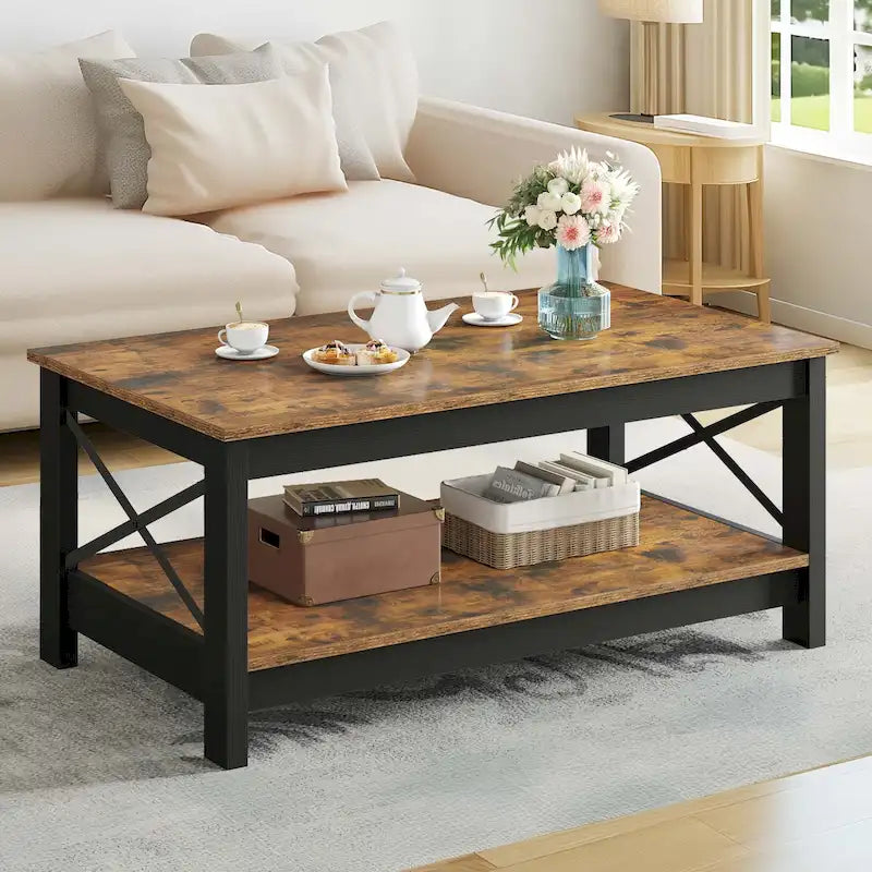 Mesa de centro rústica con almacenamiento, mesa central de 2 niveles para sala de estar