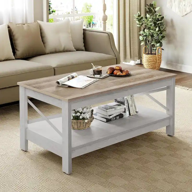 Mesa de centro rústica con almacenamiento, mesa central de 2 niveles para sala de estar
