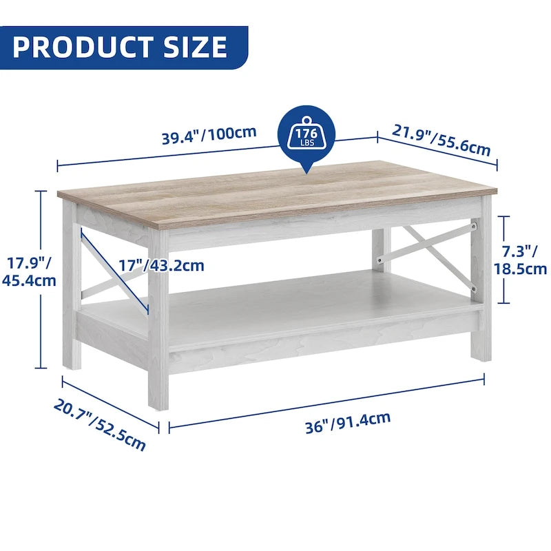 Mesa de centro rústica con almacenamiento, mesa central de 2 niveles para sala de estar