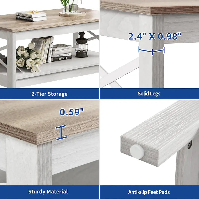 Mesa de centro rústica con almacenamiento, mesa central de 2 niveles para sala de estar