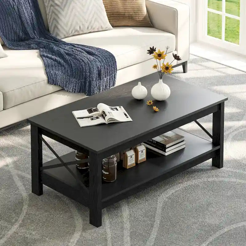 Mesa de centro rústica con almacenamiento, mesa central de 2 niveles para sala de estar