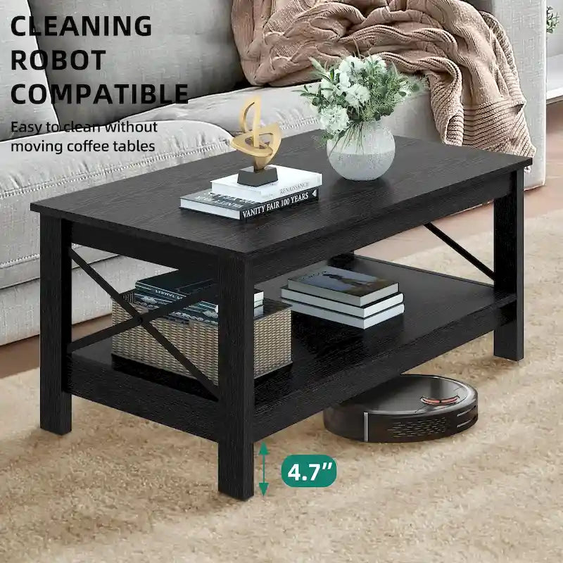 Mesa de centro rústica con almacenamiento, mesa central de 2 niveles para sala de estar