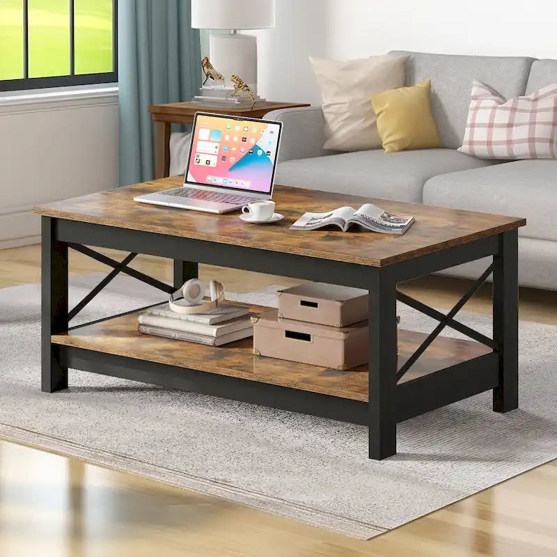 Mesa de centro rústica con almacenamiento, mesa central de 2 niveles para sala de estar