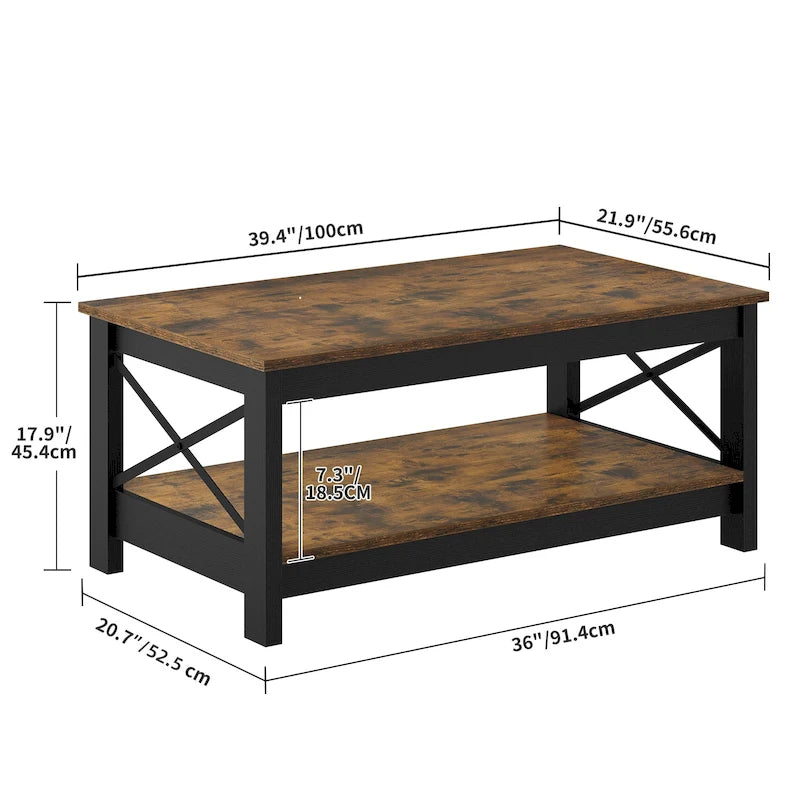 Mesa de centro rústica con almacenamiento, mesa central de 2 niveles para sala de estar