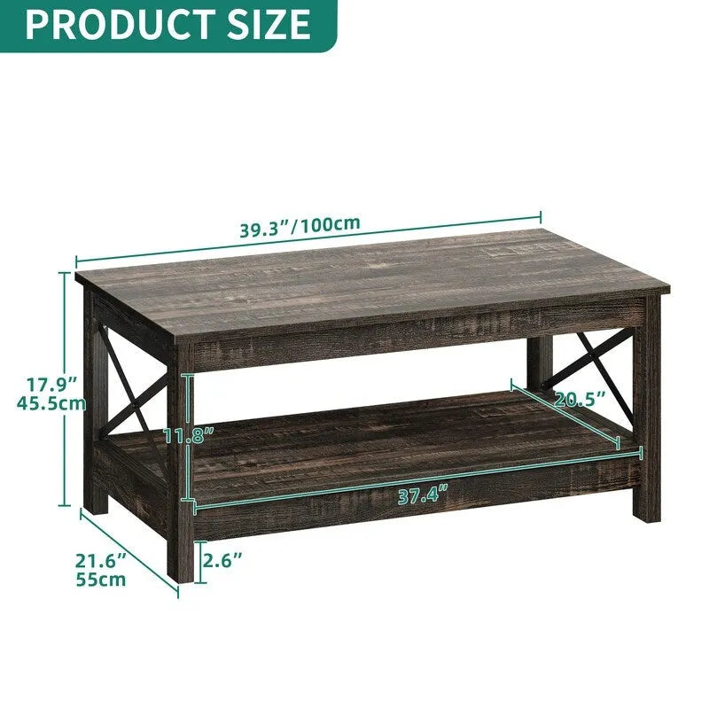 Mesa de centro rústica con almacenamiento, mesa central de 2 niveles para sala de estar