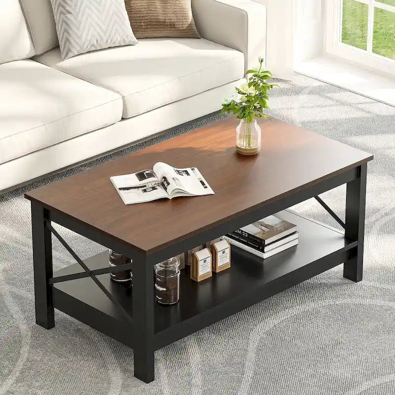 Mesa de centro rústica con almacenamiento, mesa central de 2 niveles para sala de estar