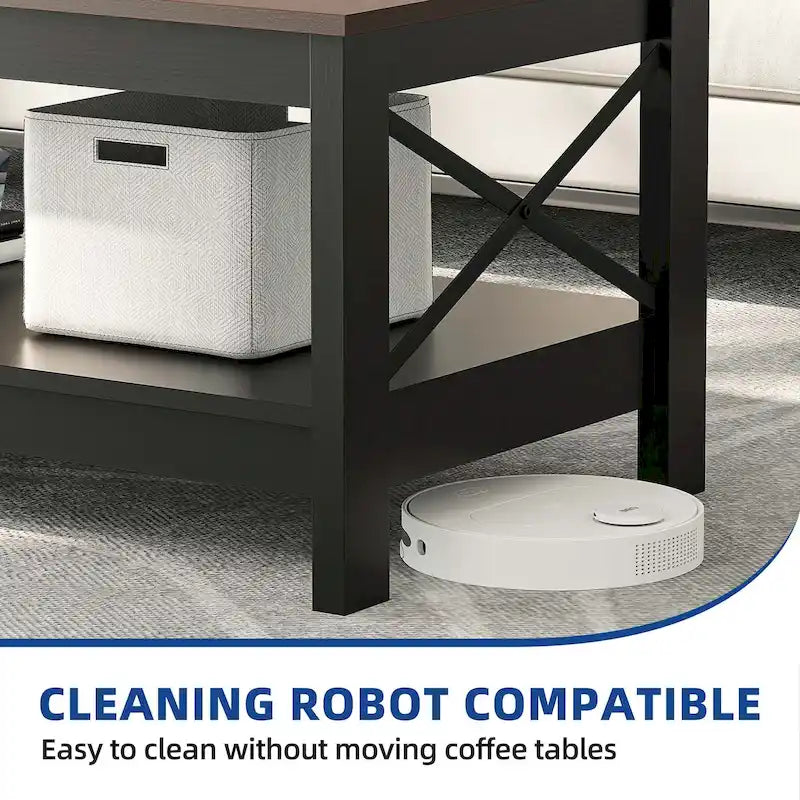 Mesa de centro rústica con almacenamiento, mesa central de 2 niveles para sala de estar