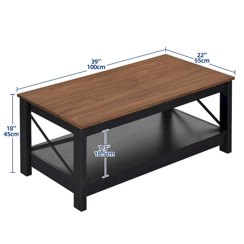 Mesa de centro rústica con almacenamiento, mesa central de 2 niveles para sala de estar