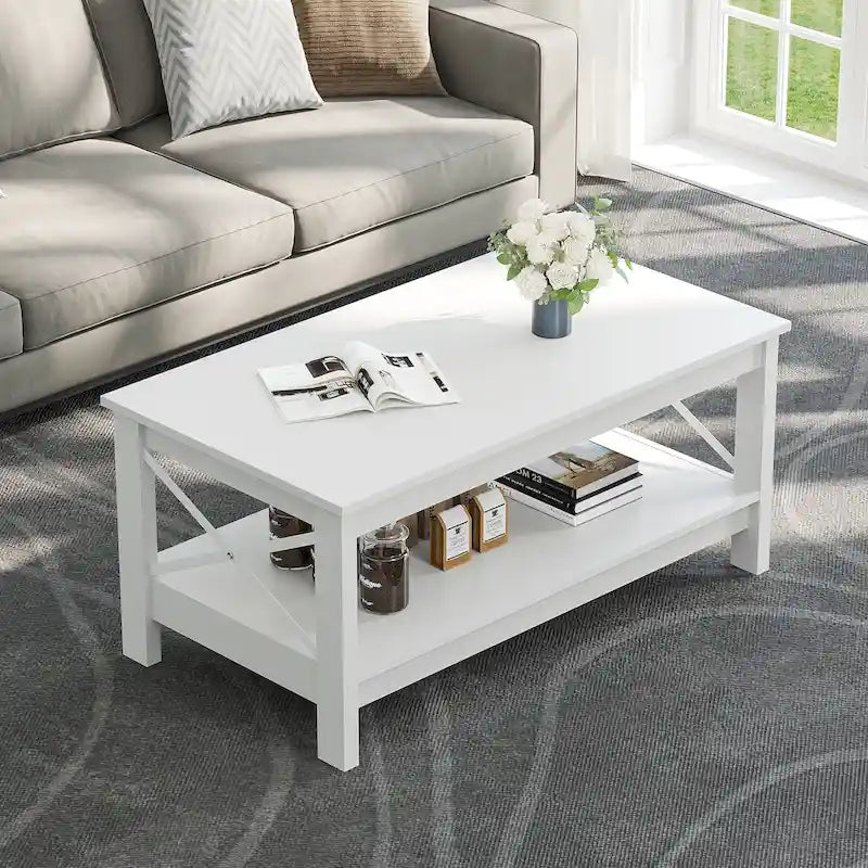 Mesa de centro rústica con almacenamiento, mesa central de 2 niveles para sala de estar