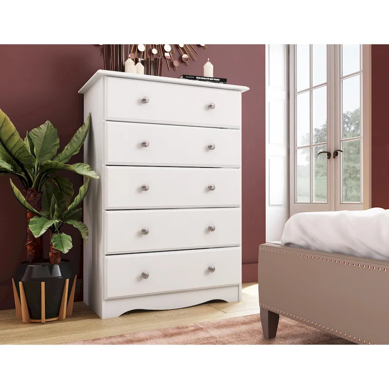 Cómoda de 5 cajones de madera maciza 100% con tiradores de metal o madera