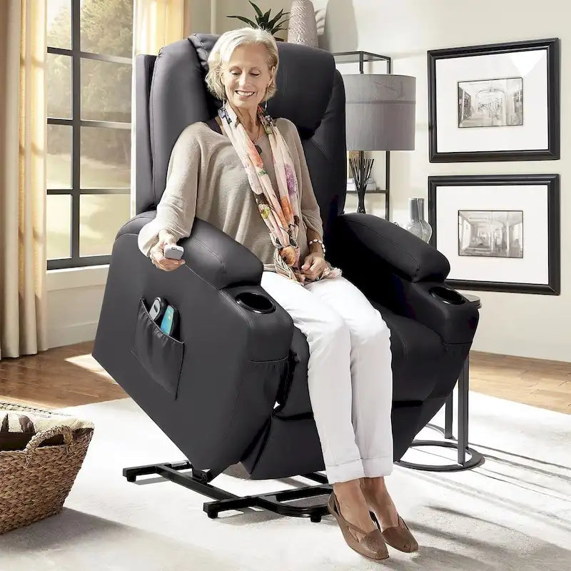 Sillón reclinable elevador eléctrico con masaje de piel sintética