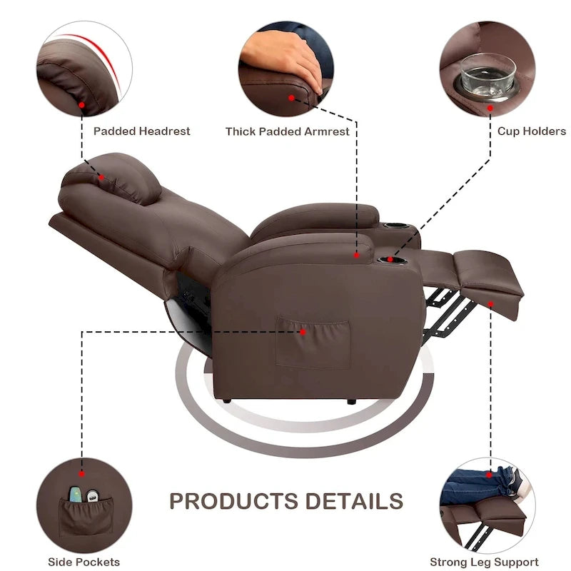Sillón reclinable elevador eléctrico con masaje de piel sintética