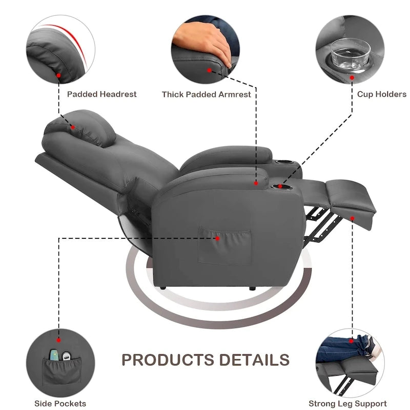 Sillón reclinable elevador eléctrico con masaje de piel sintética