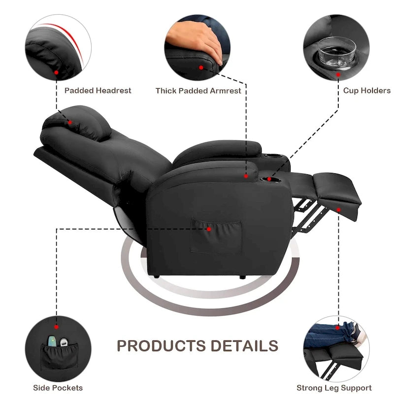Sillón reclinable elevador eléctrico con masaje de piel sintética