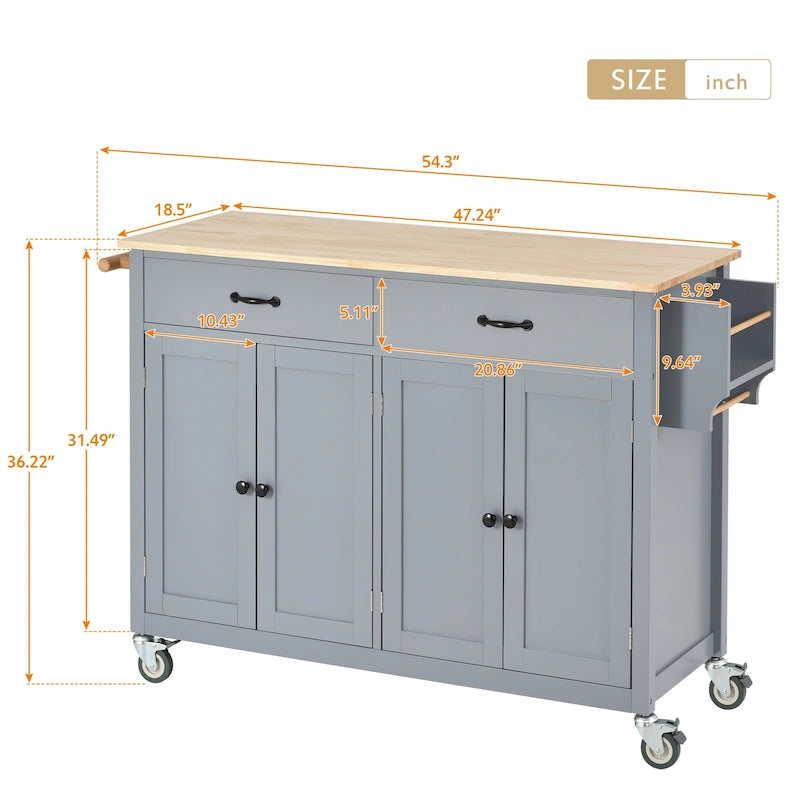 Carrito de isla de cocina con superficie de madera maciza y ruedas con freno