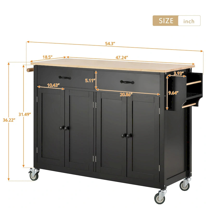 Carrito de isla de cocina con superficie de madera maciza y ruedas con freno
