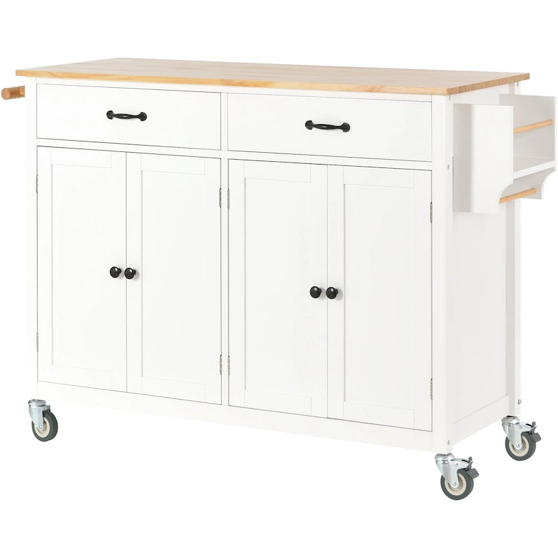 Carrito de isla de cocina con superficie de madera maciza y ruedas con freno