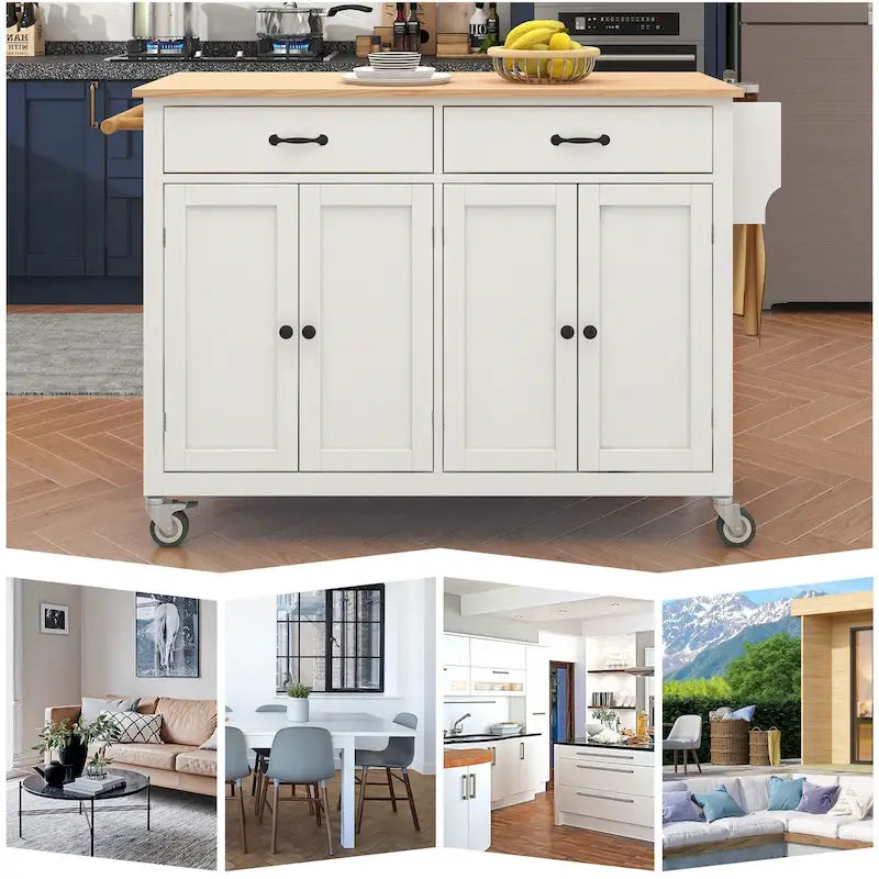 Carrito de isla de cocina con superficie de madera maciza y ruedas con freno