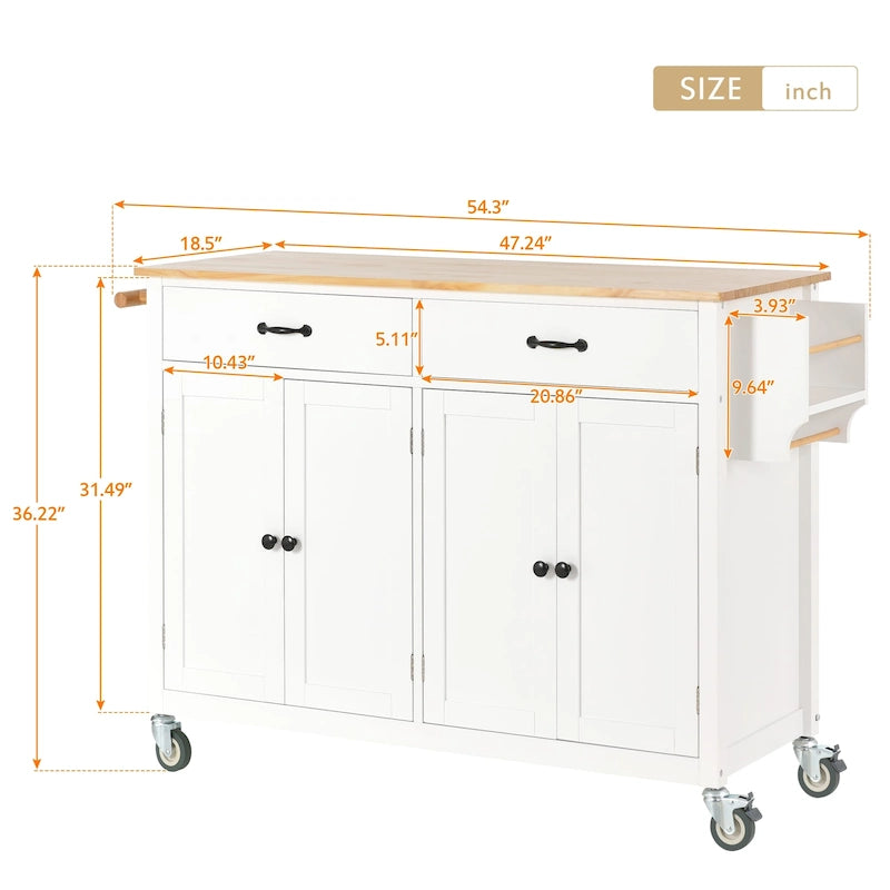 Carrito de isla de cocina con superficie de madera maciza y ruedas con freno
