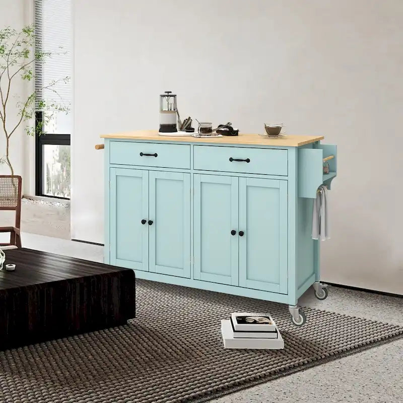 Carrito de isla de cocina con superficie de madera maciza y ruedas con freno