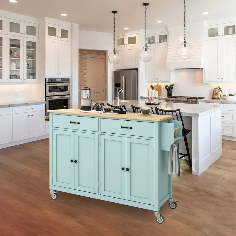 Carrito de isla de cocina con superficie de madera maciza y ruedas con freno