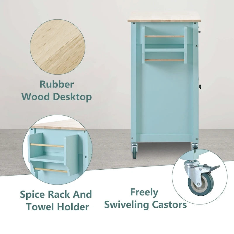Carrito de isla de cocina con superficie de madera maciza y ruedas con freno