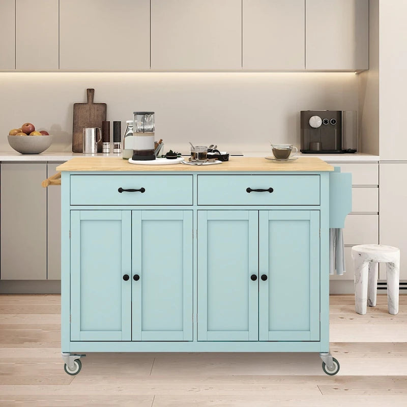 Carrito de isla de cocina con superficie de madera maciza y ruedas con freno