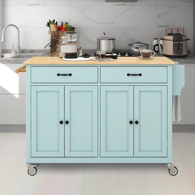 Carrito de isla de cocina con superficie de madera maciza y ruedas con freno