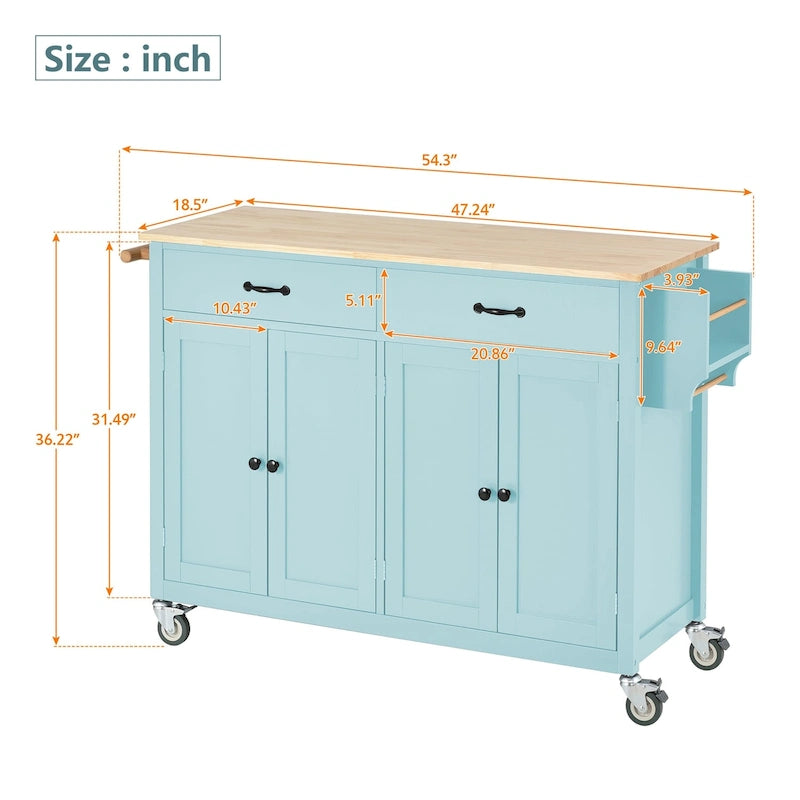 Carrito de isla de cocina con superficie de madera maciza y ruedas con freno