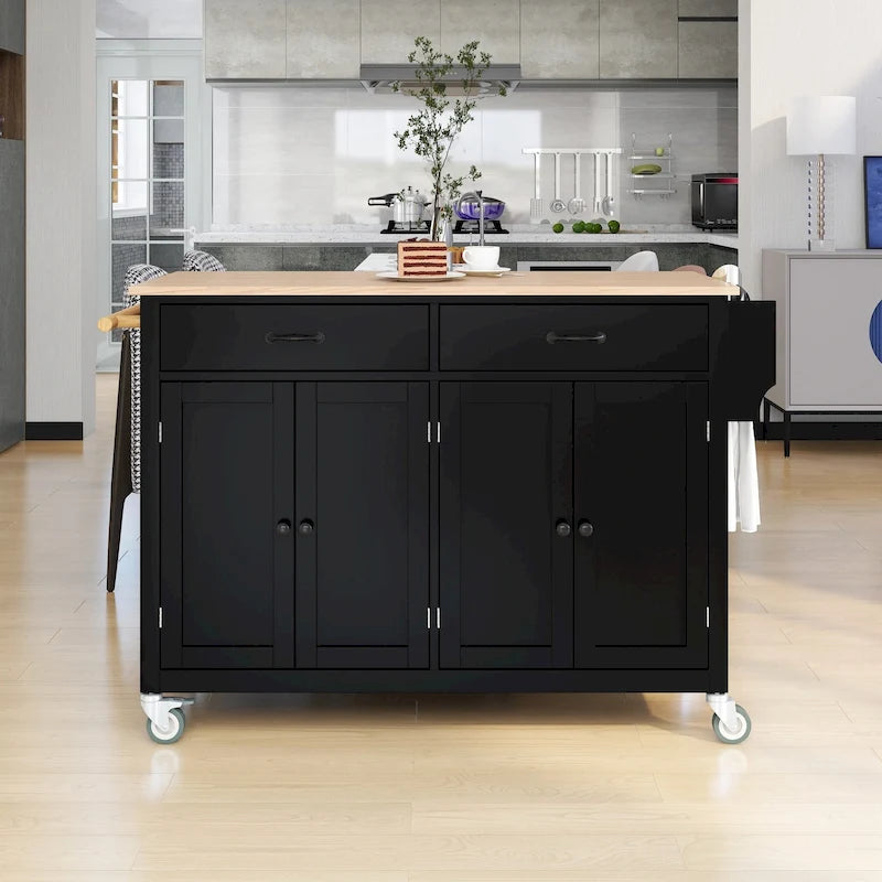 Carrito de isla de cocina con superficie de madera maciza y ruedas con freno