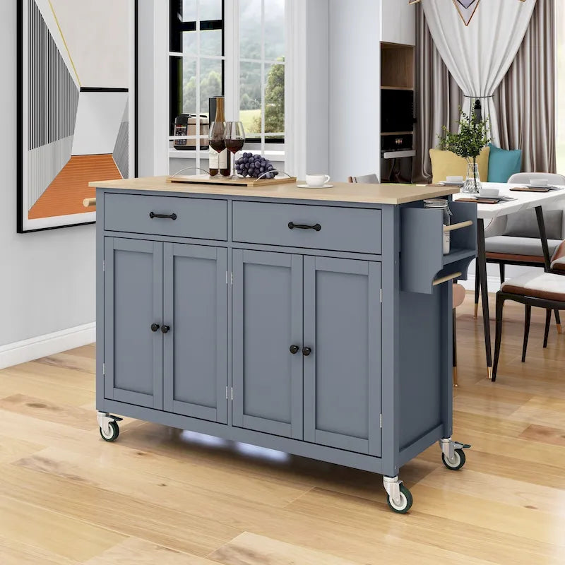 Carrito de isla de cocina con superficie de madera maciza y ruedas con freno
