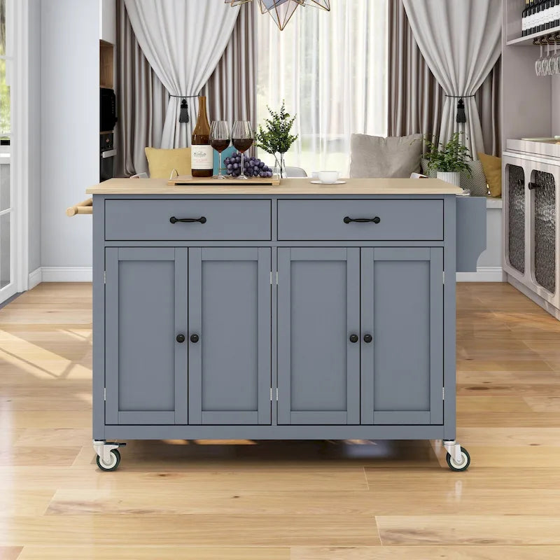 Carrito de isla de cocina con superficie de madera maciza y ruedas con freno