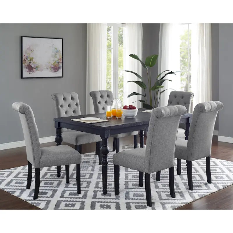 Mesa de comedor de madera oscura de 7 piezas con patas torneadas