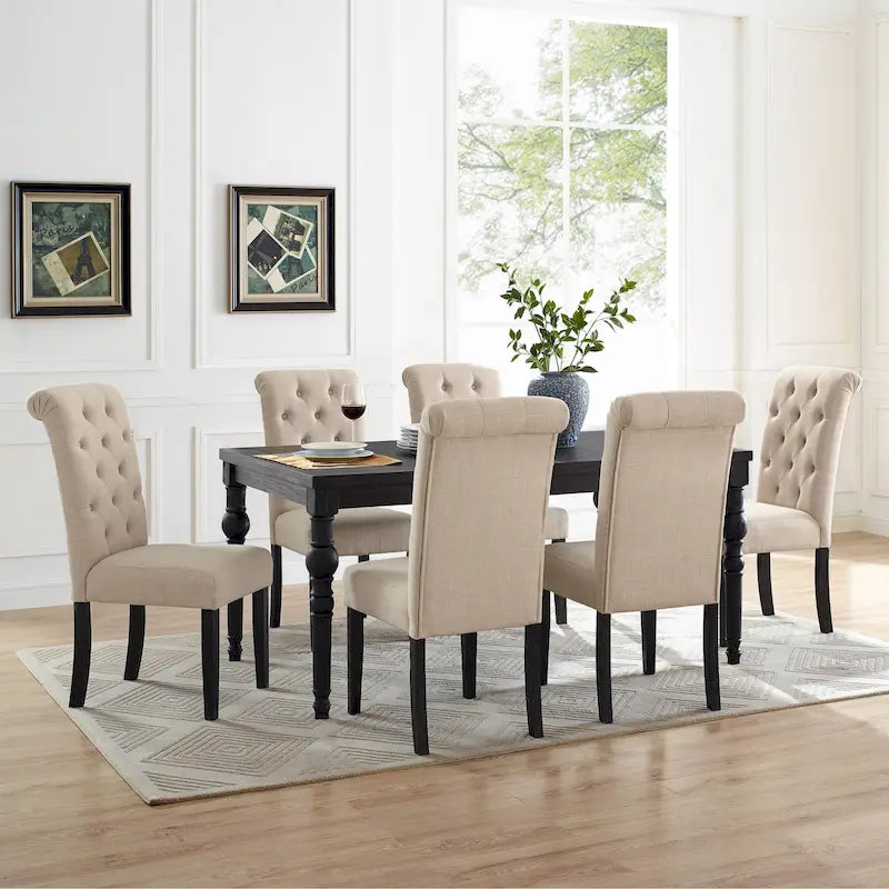 Mesa de comedor de madera oscura de 7 piezas con patas torneadas