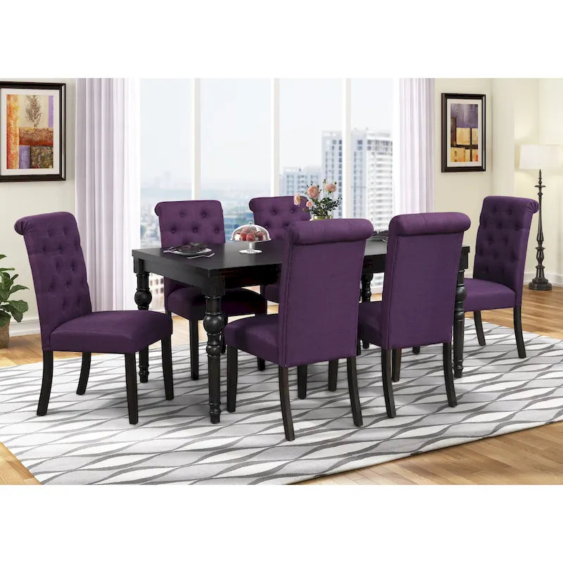 Mesa de comedor de madera oscura de 7 piezas con patas torneadas