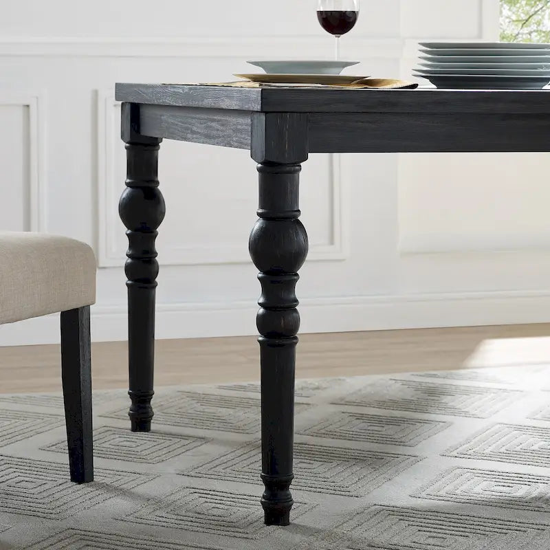 Mesa de comedor de madera oscura de 7 piezas con patas torneadas