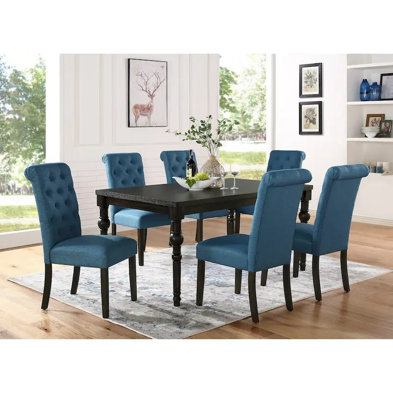 Mesa de comedor de madera oscura de 7 piezas con patas torneadas