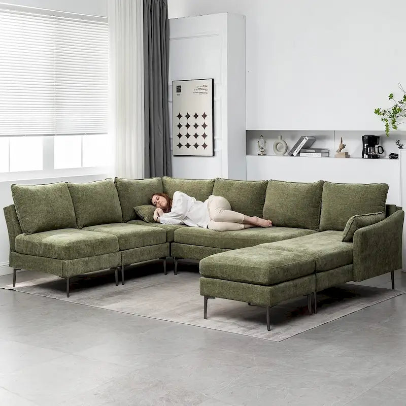 Sofá seccional en forma de U de 6 plazas, sofá cama reversible en diseño moderno de chenilla, con chaise longue y otomana