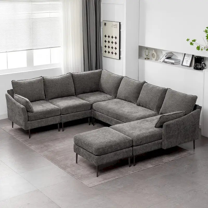 Sofá seccional en forma de U de 6 plazas, sofá cama reversible en diseño moderno de chenilla, con chaise longue y otomana